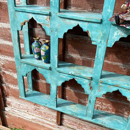 Indian arched temple shelf 9 compartments distressed blue finish.