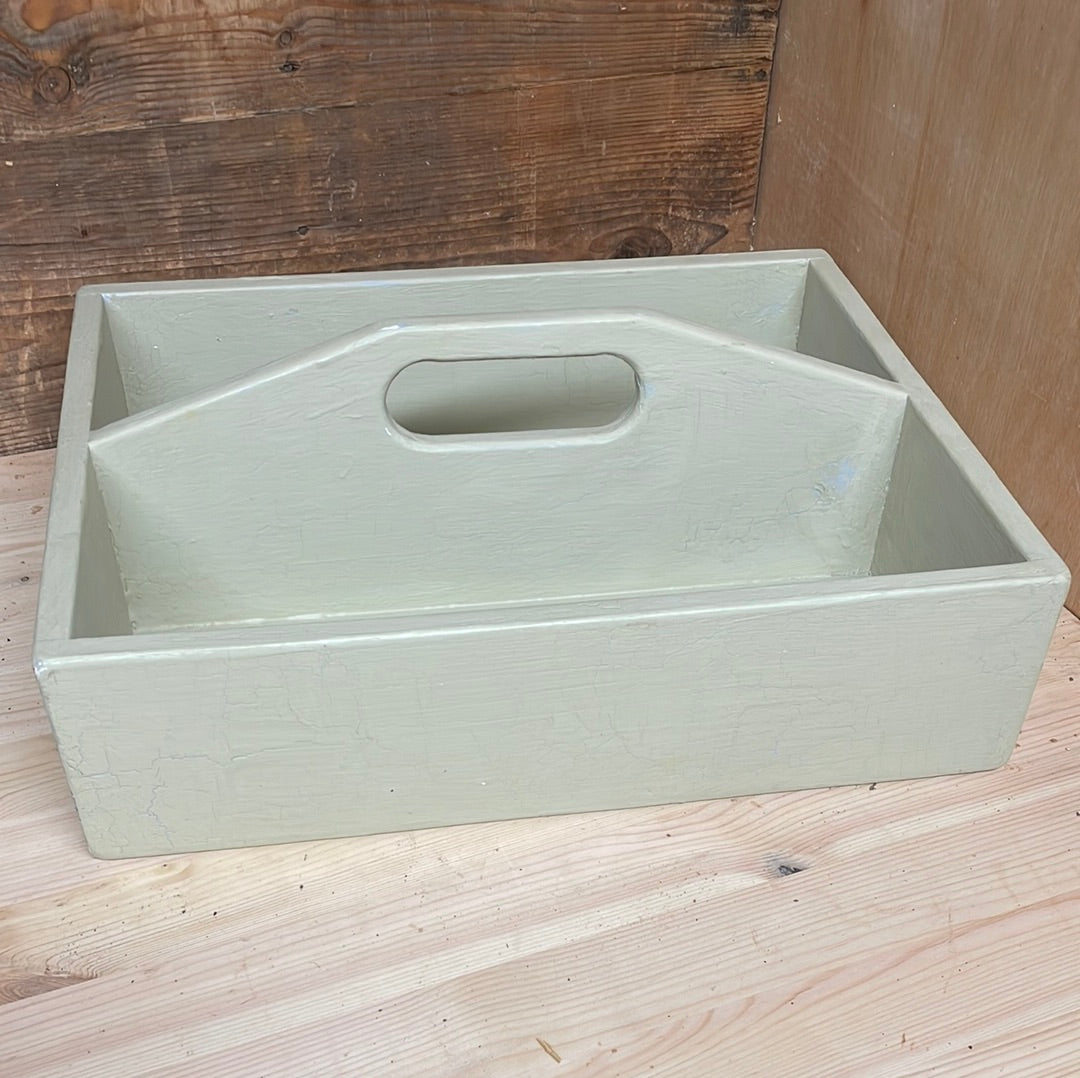 Handcrafted wooden painted tote tool tray, sage green, 40cm.