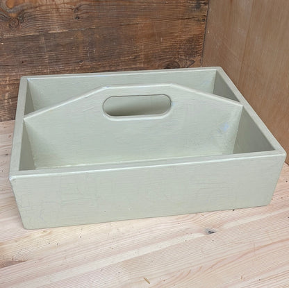 Handcrafted wooden painted tote tool tray, sage green, 40cm.