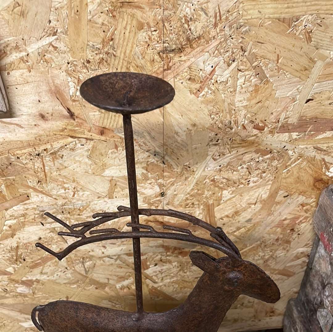 Indian rustic vintage reclaimed metal deer elk sculpture candle stand ornament.