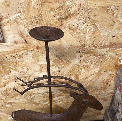 Indian rustic vintage reclaimed metal deer elk sculpture candle stand ornament.