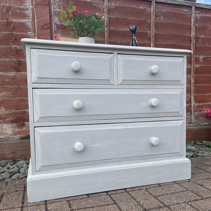 Solid pine 2 over 3 chest of drawers grey distressed paint.