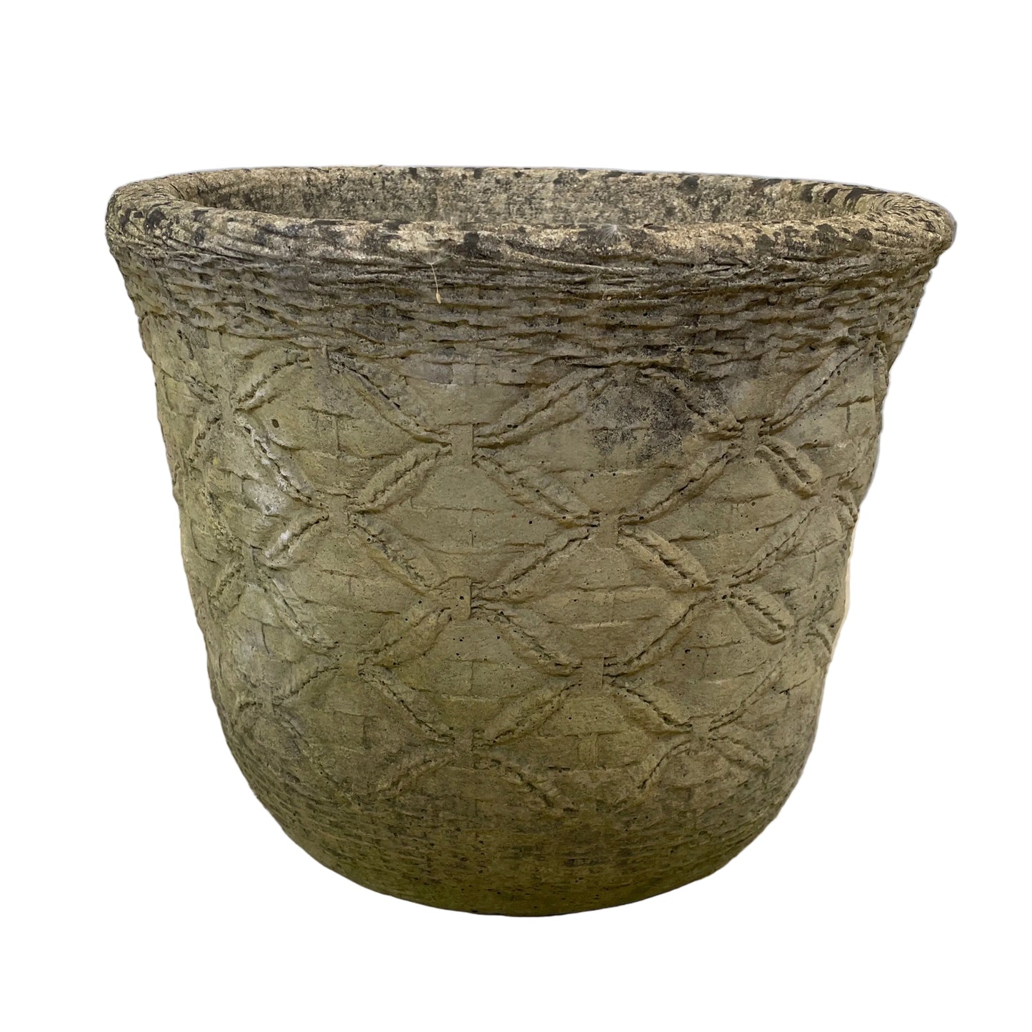 Ornate concrete planter on white background.