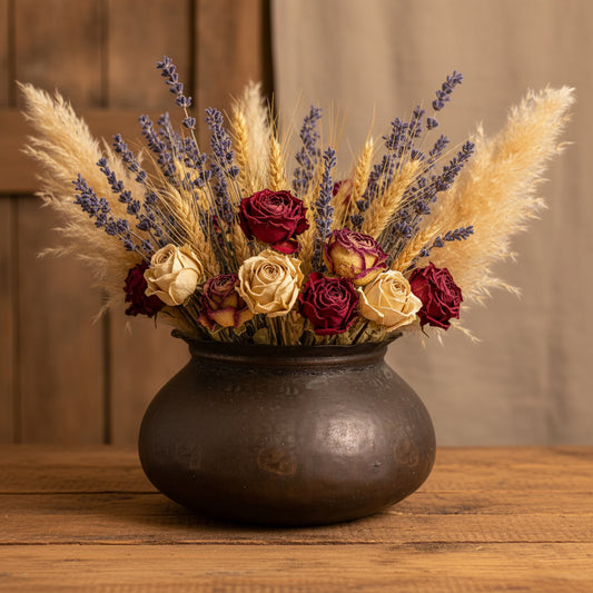 Indian copper cooking pot on wooden table with dry flower display