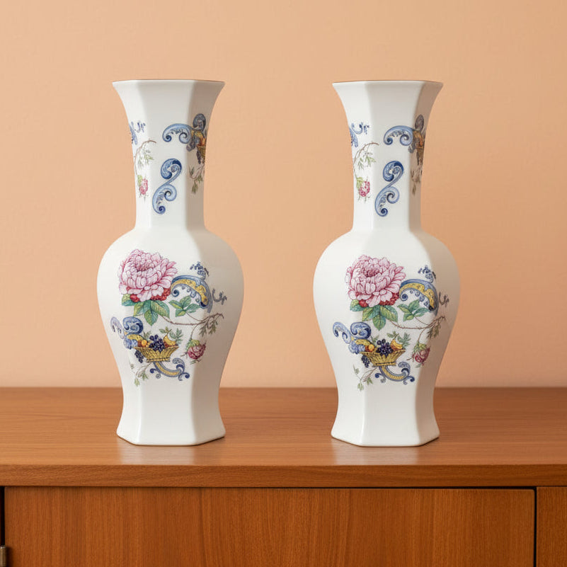 Pair Crown Staffordshire fine bone china hexagonal vases.