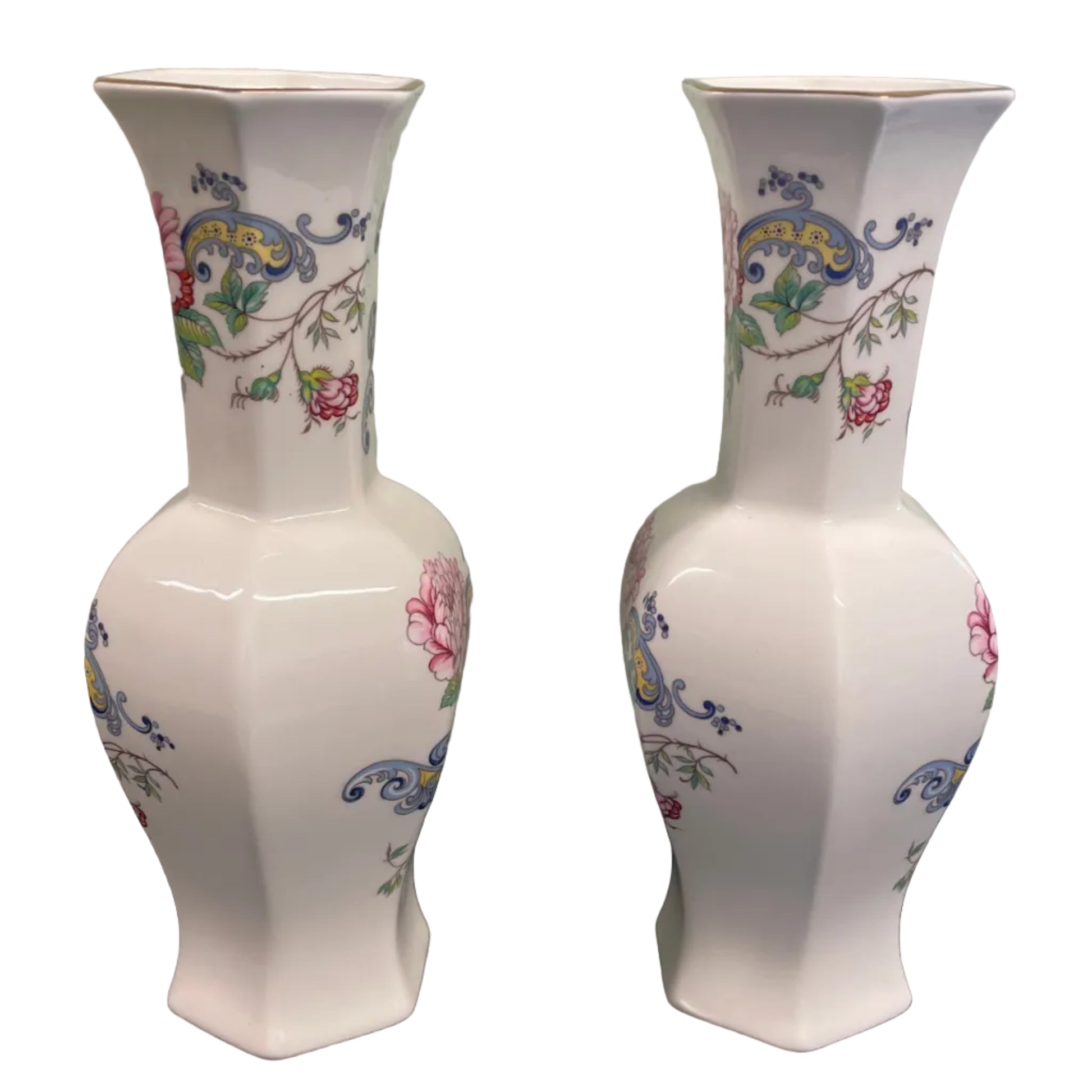 Pair Crown Staffordshire fine bone china hexagonal vases.