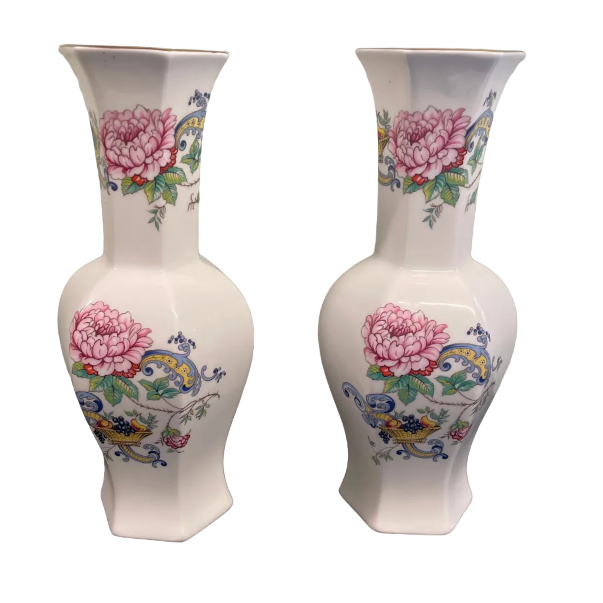 Pair Crown Staffordshire fine bone china hexagonal vases.
