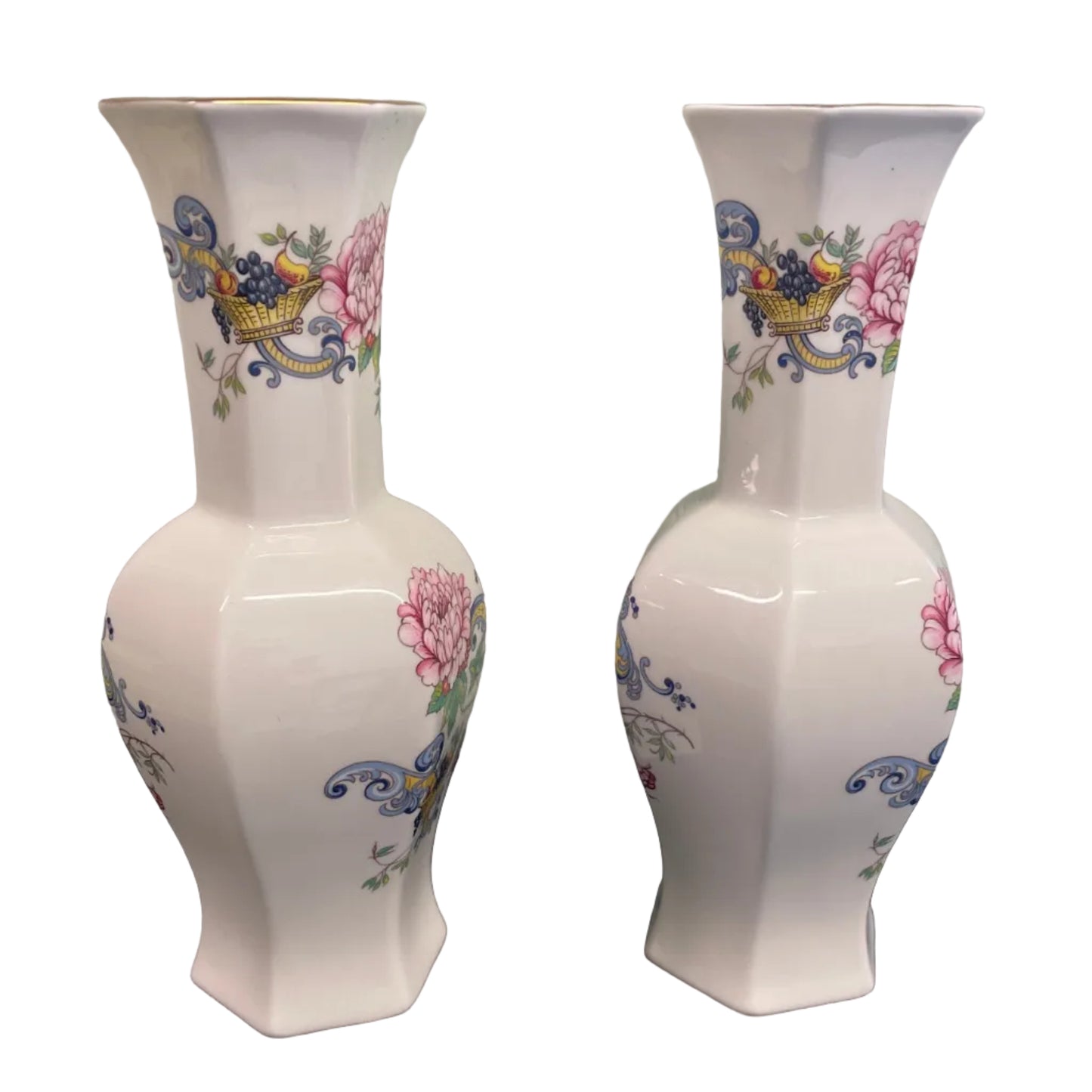 Pair Crown Staffordshire fine bone china hexagonal vases.