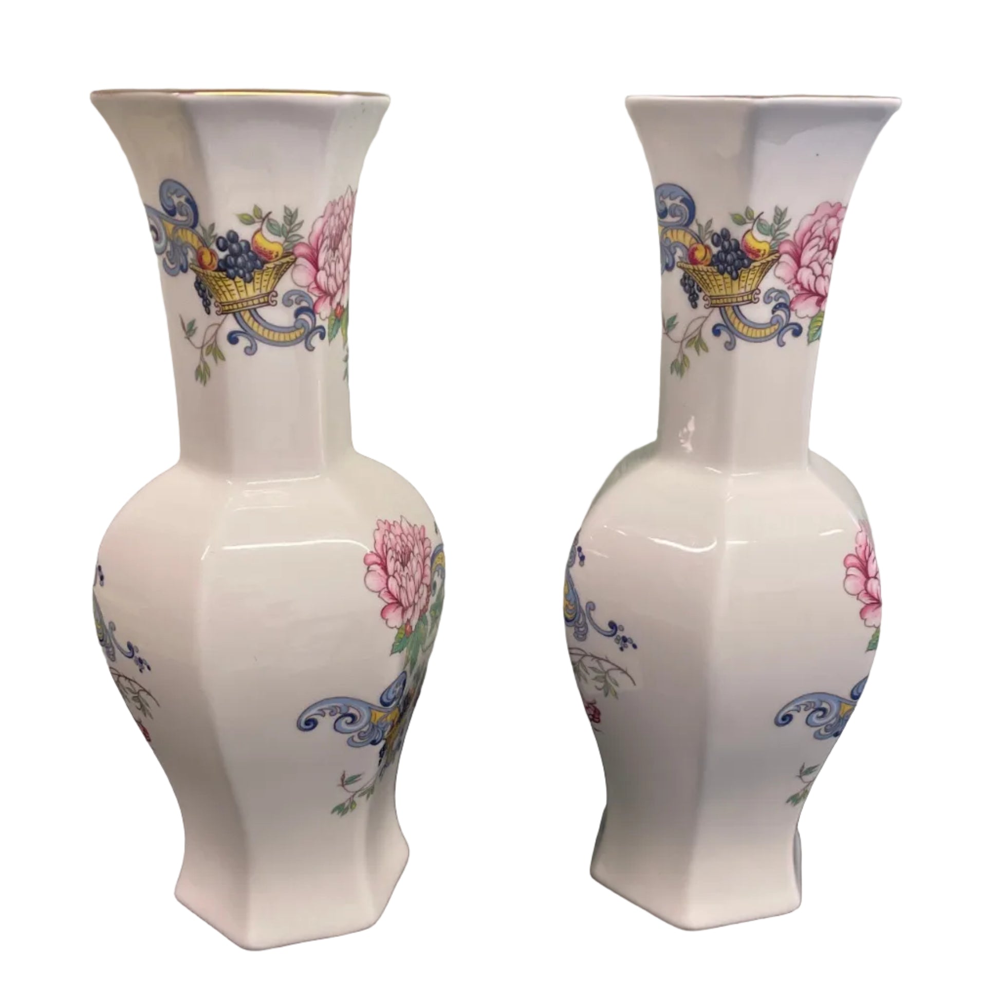 Pair Crown Staffordshire fine bone china hexagonal vases.