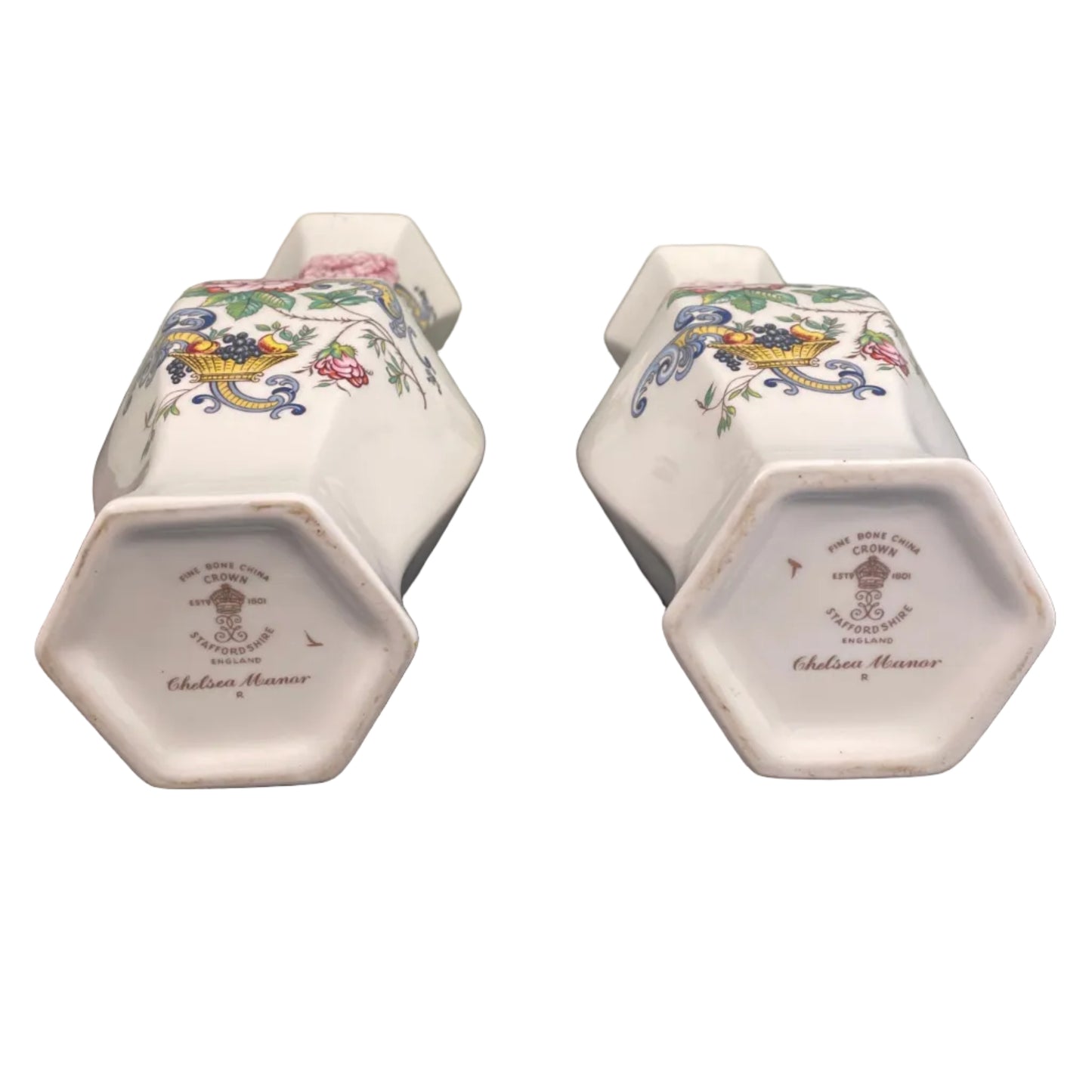 Pair Crown Staffordshire fine bone china hexagonal vases.