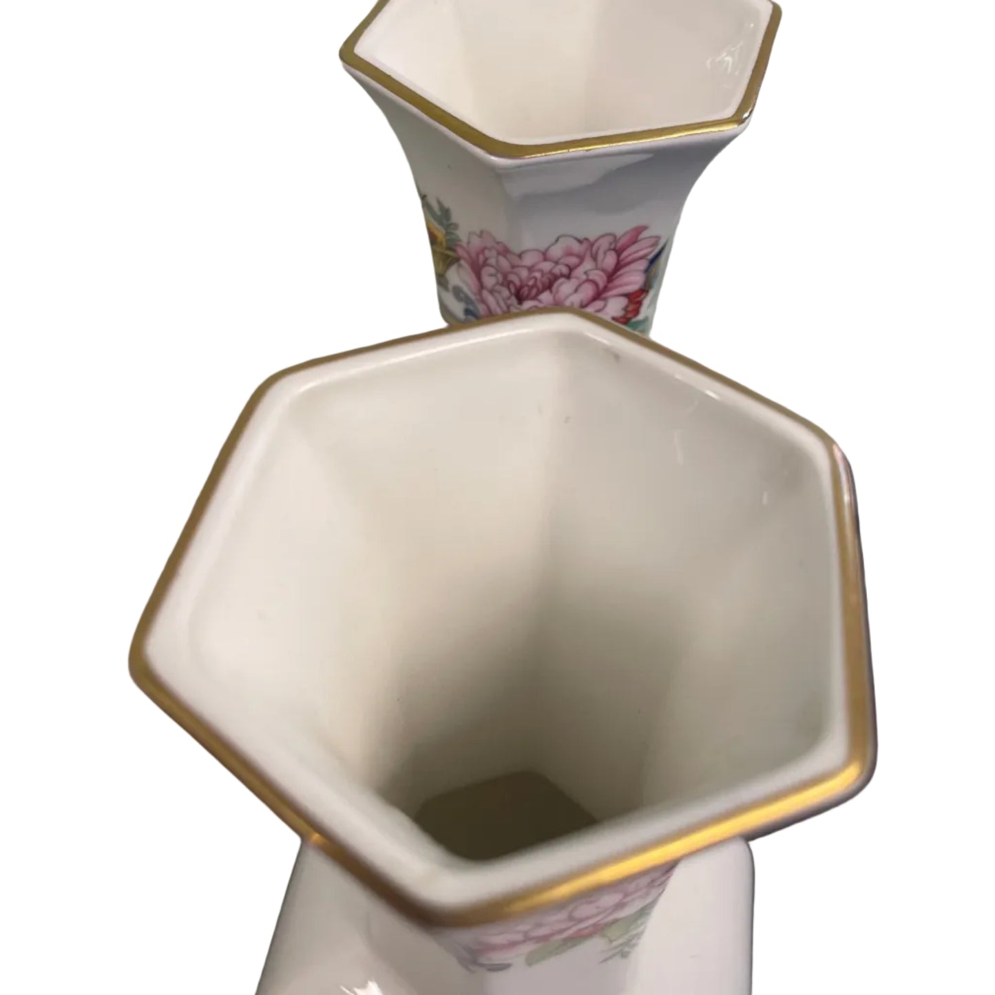 Pair Crown Staffordshire fine bone china hexagonal vases.