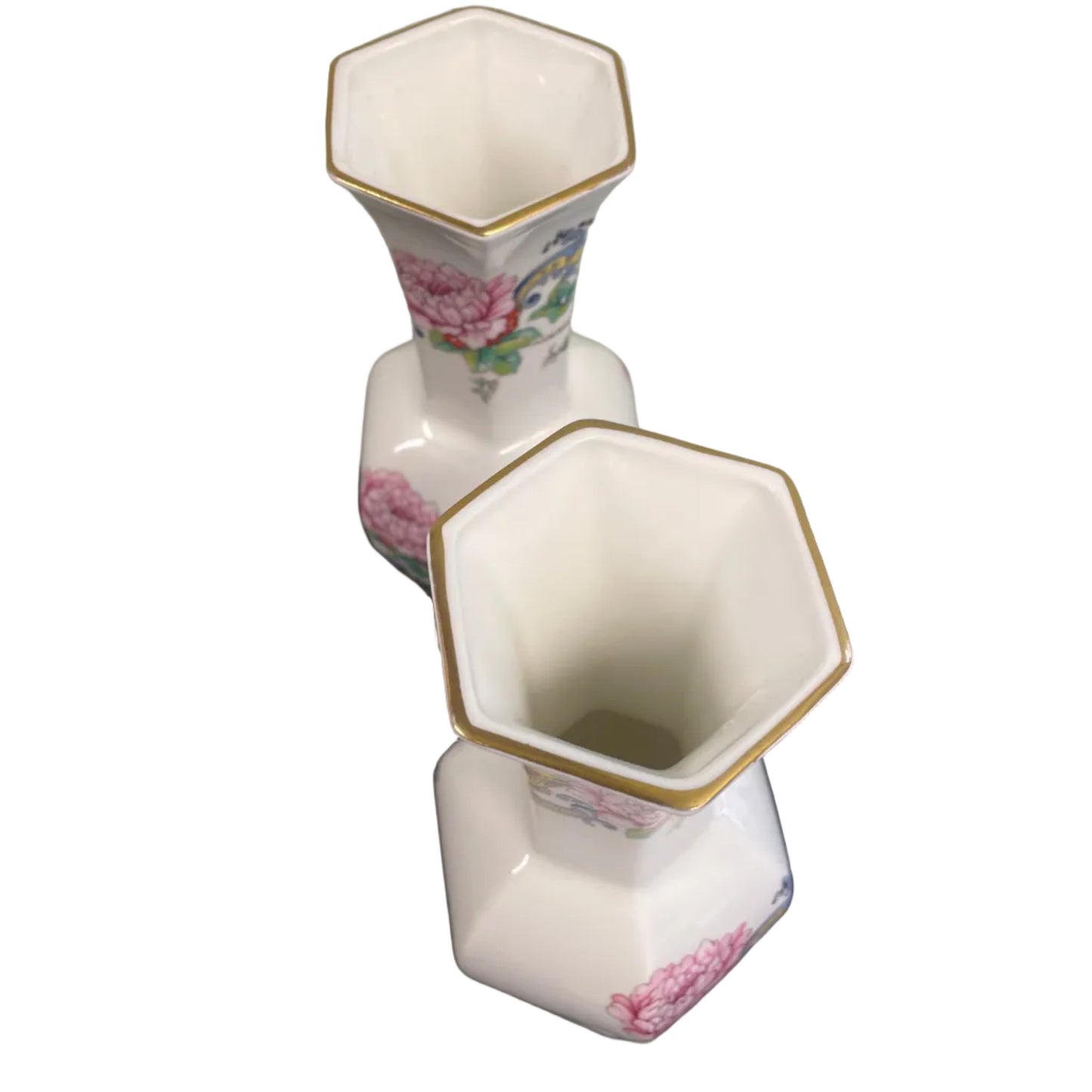 Pair Crown Staffordshire fine bone china hexagonal vases.