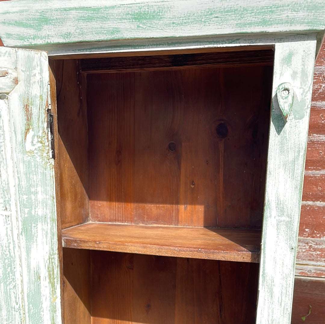 Pair of Indian bedside cupboard tables cabinets, Green and White distressed finish.