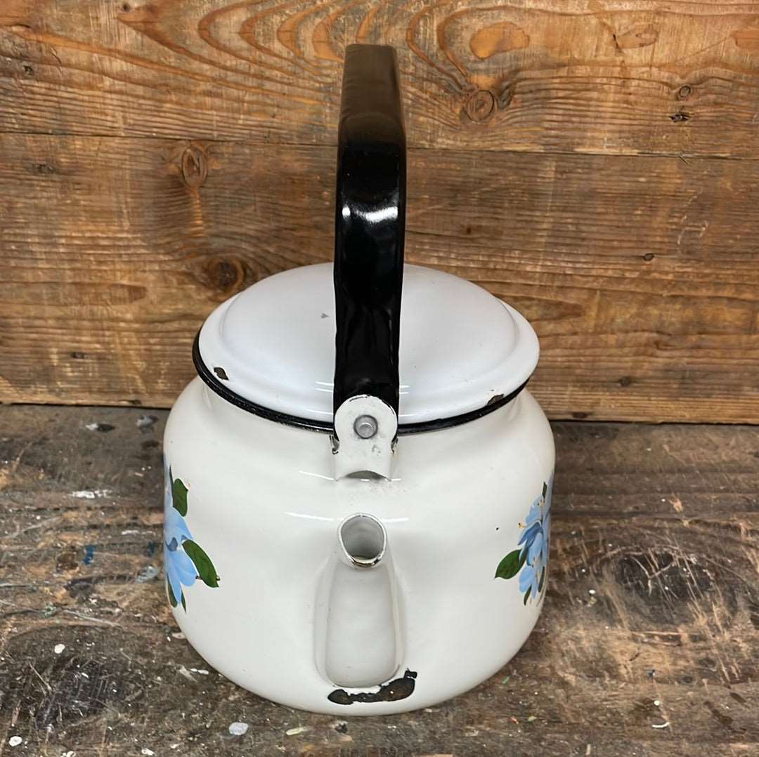 Vintage enamel kettle white with floral decor 3 litre.