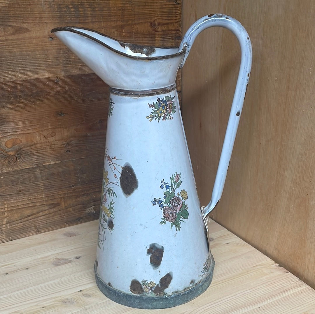 French large enamelled pitcher jug with floral décor
