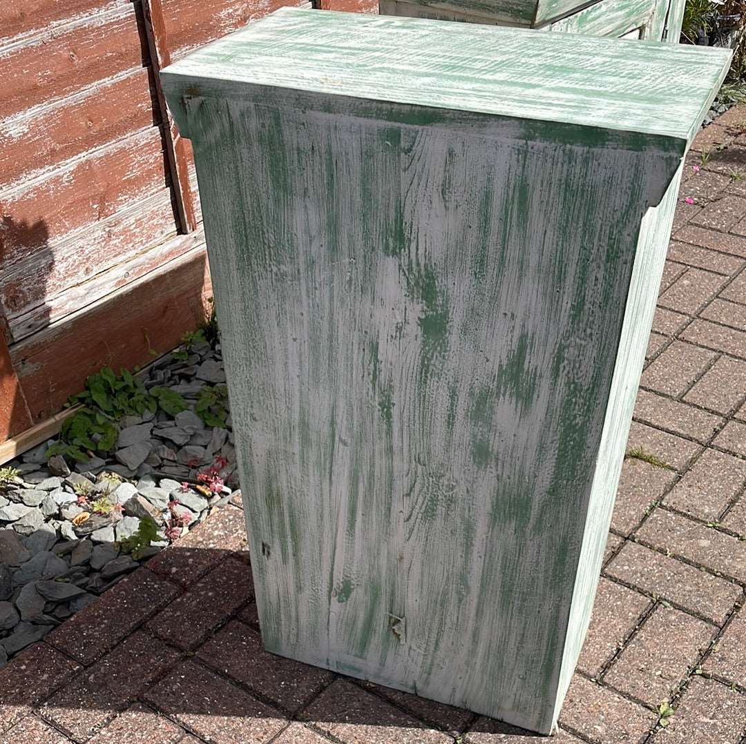 Pair of Indian bedside cupboard tables cabinets, Green and White distressed finish.
