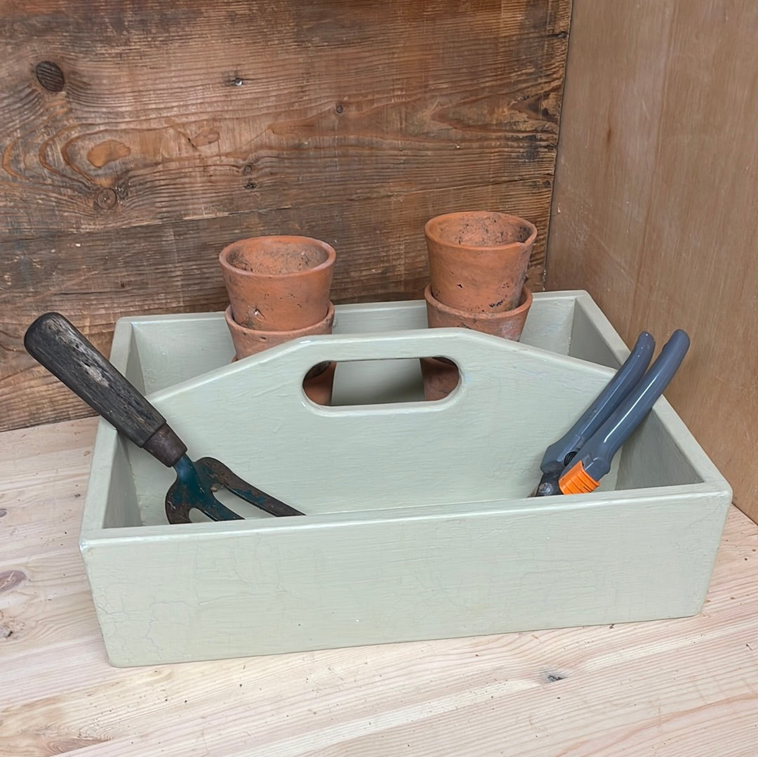 Handcrafted wooden painted tote tool tray, sage green, 40cm.