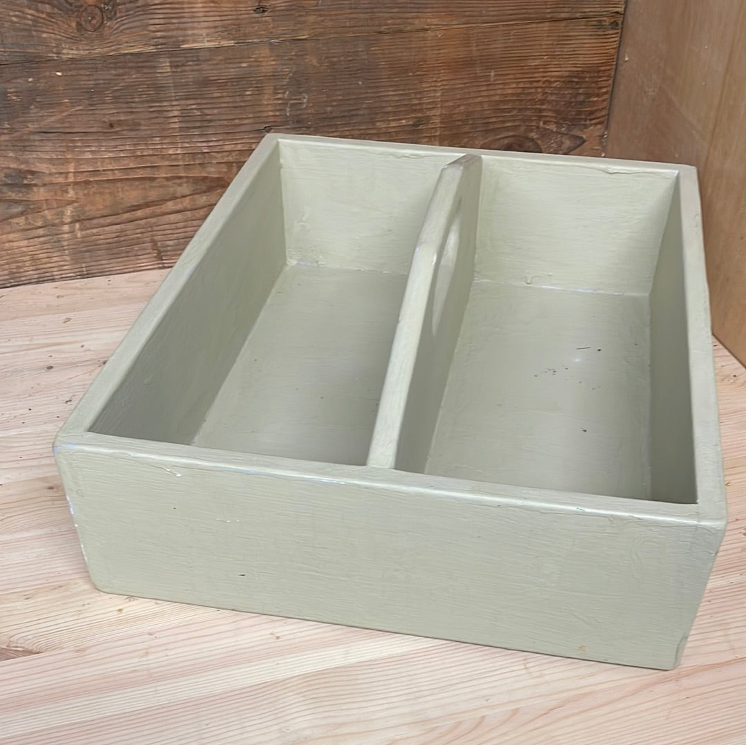 Handcrafted wooden painted tote tool tray, sage green, 40cm.