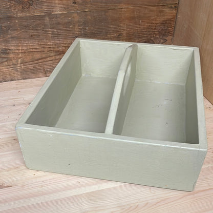 Handcrafted wooden painted tote tool tray, sage green, 40cm.