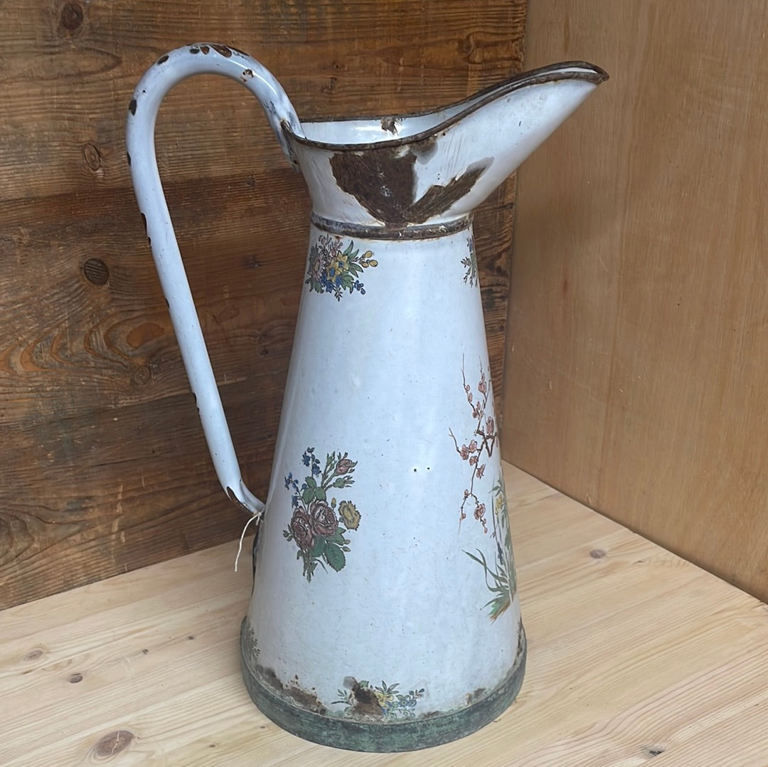 French large enamelled pitcher jug with floral décor