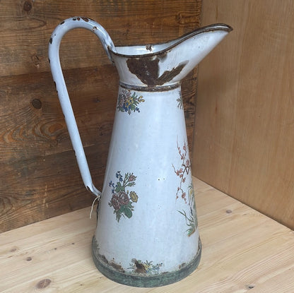 French large enamelled pitcher jug with floral décor