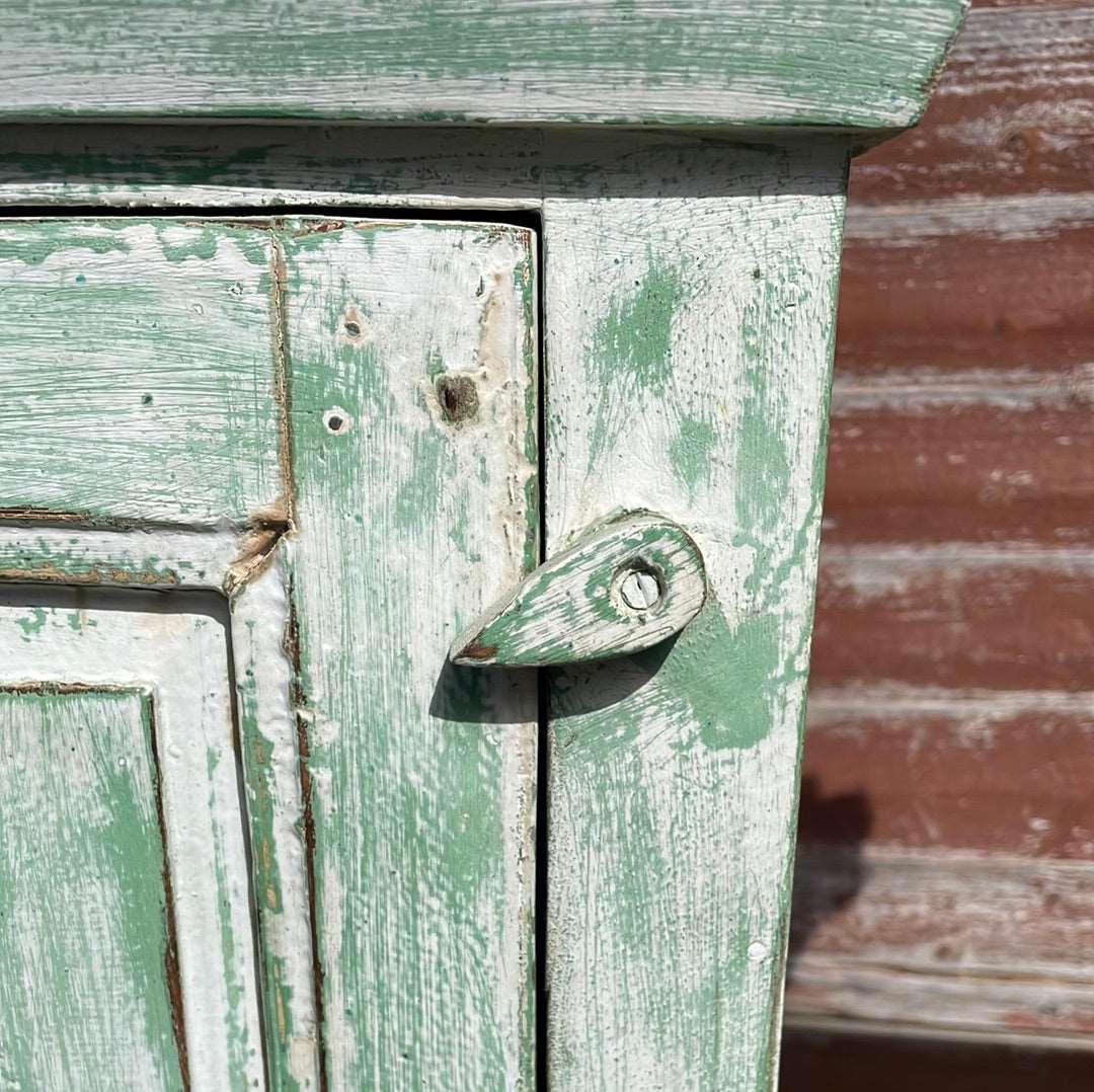 Pair of Indian bedside cupboard tables cabinets, Green and White distressed finish.