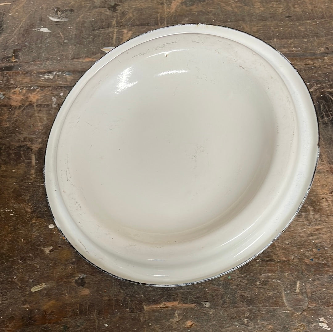 White enamel pot with handle and lid, sunflower décor.