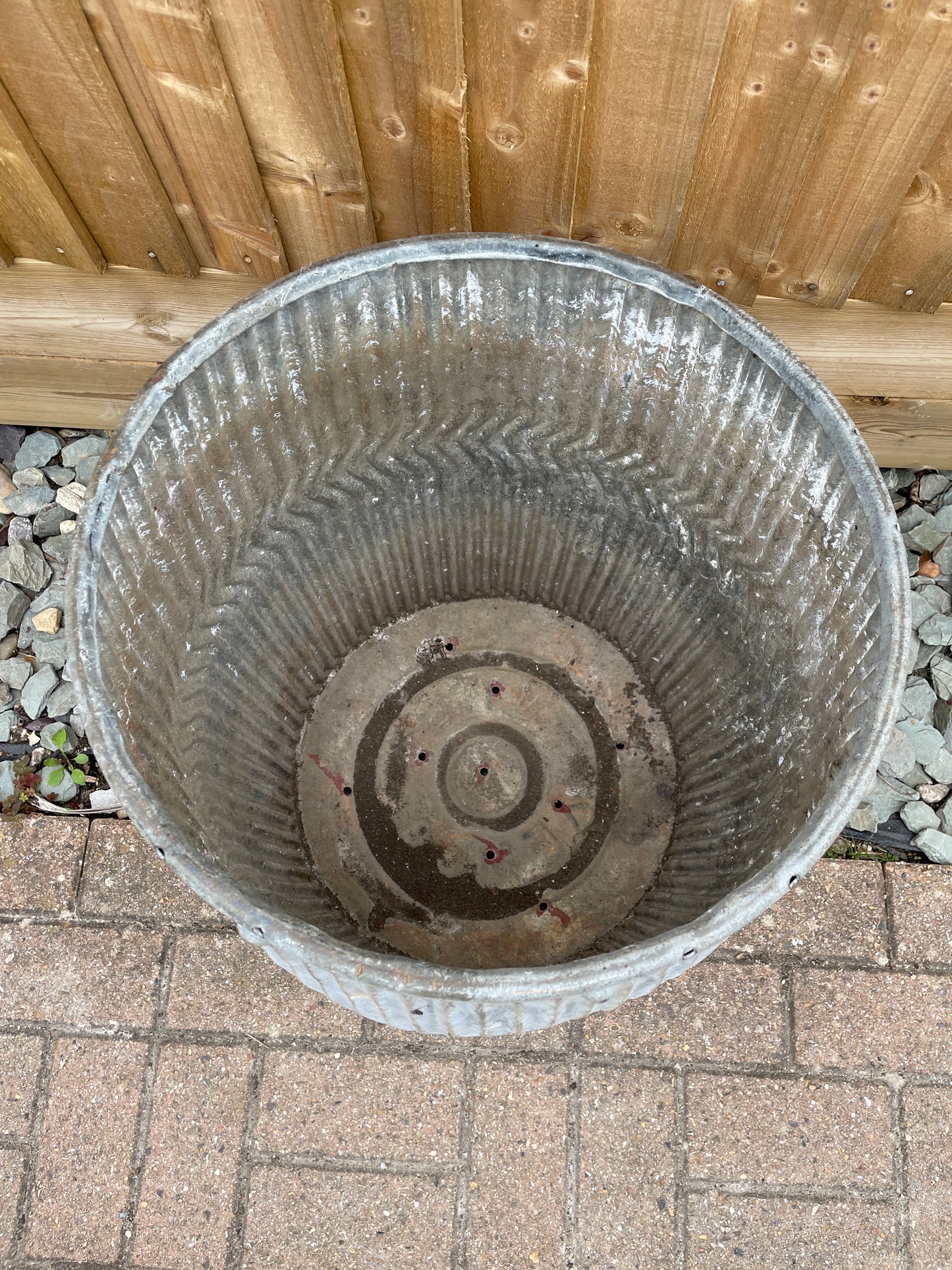 Dolly tub vintage original English chevron design galvanised planter.