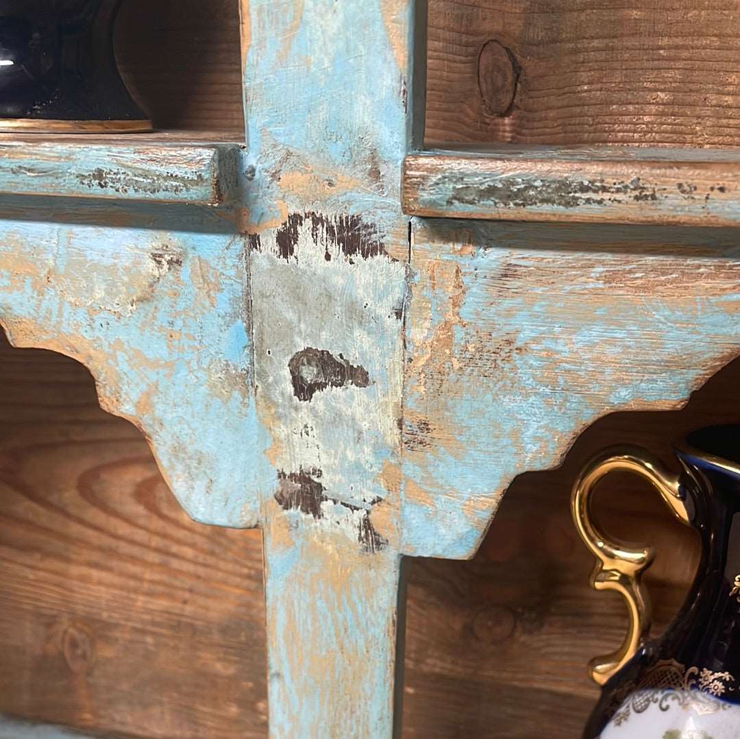 Indian arched temple shelf four compartments distressed blue finish.