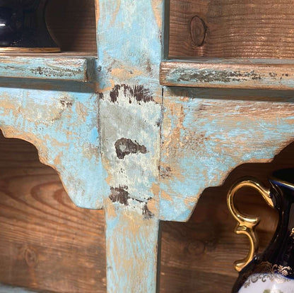 Indian arched temple shelf four compartments distressed blue finish.