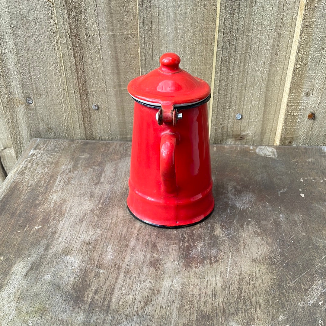 Mini enamel coffee pot with lid Red and white.