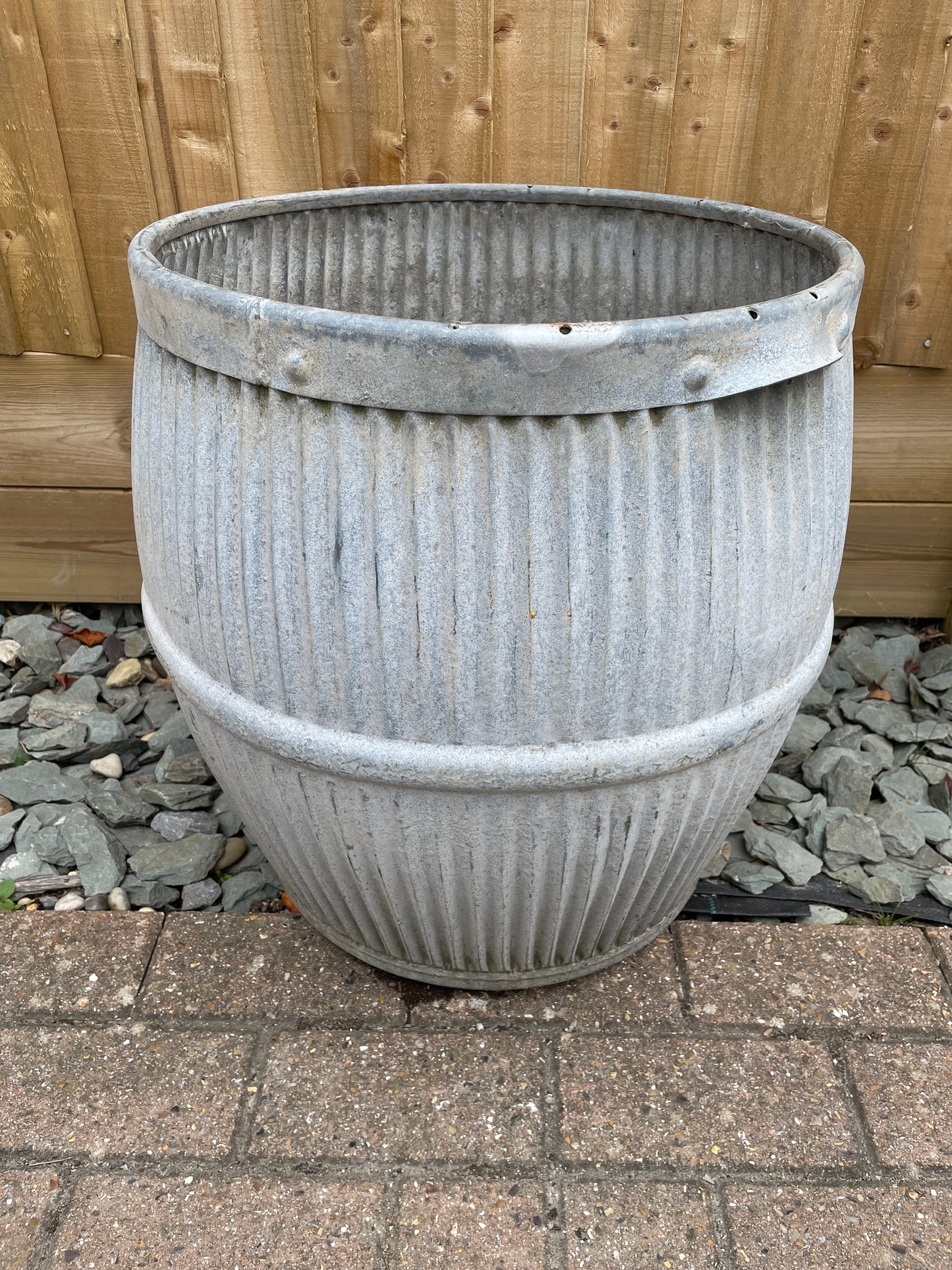 Dolly tub vintage original English design galvanised barrel shaped planter.