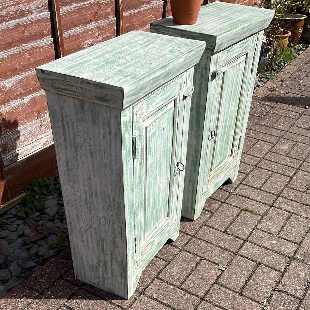 Pair of Indian bedside cupboard tables cabinets, Green and White distressed finish.