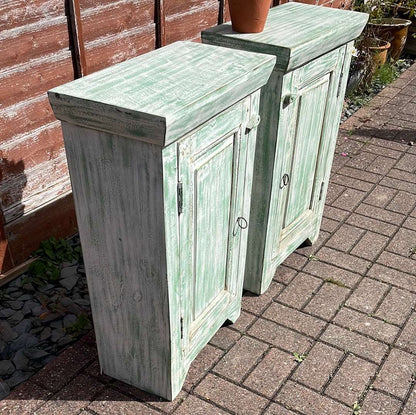 Pair of Indian bedside cupboard tables cabinets, Green and White distressed finish.