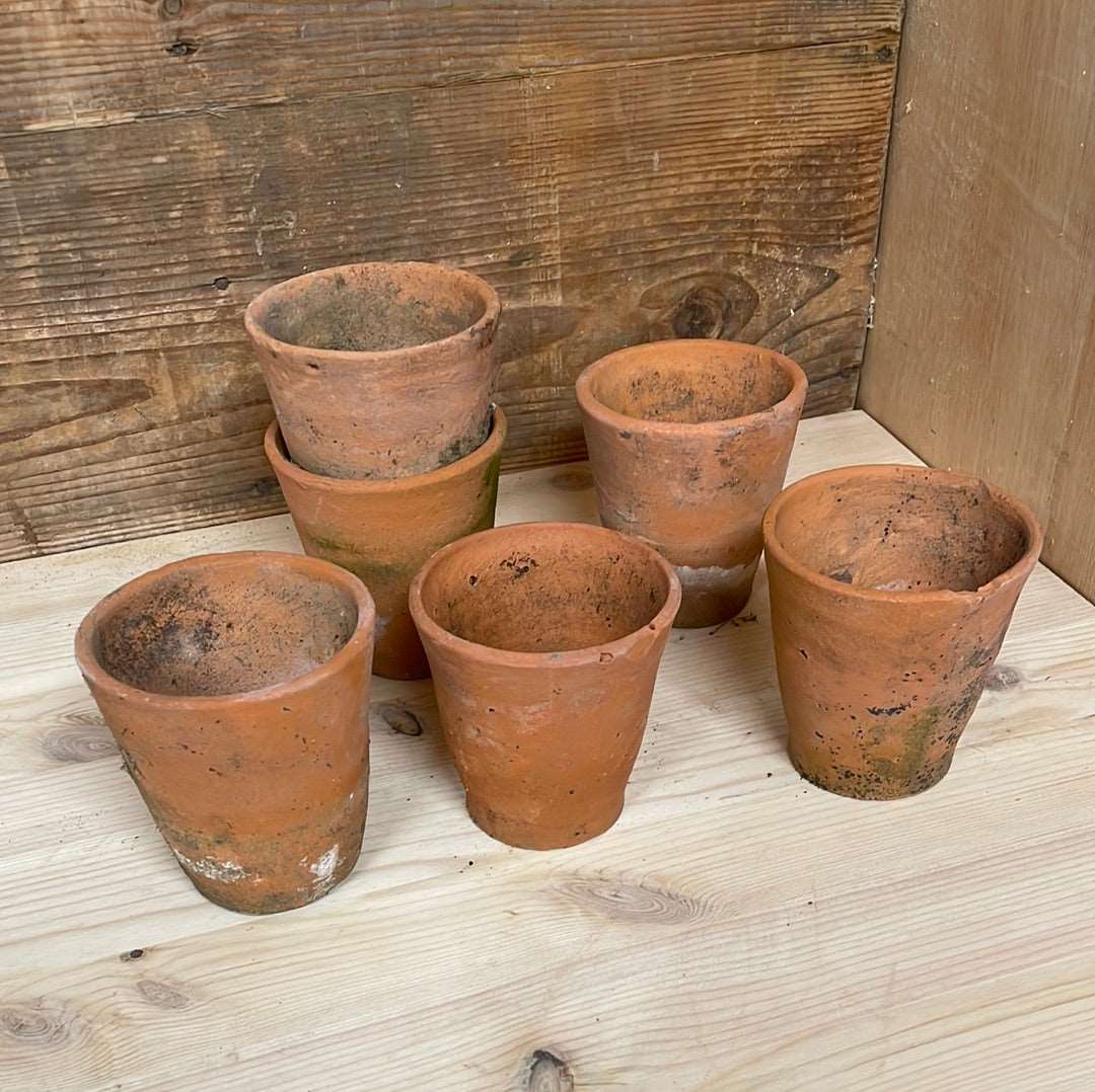 Vintage small terracotta plant flower seedling pot.