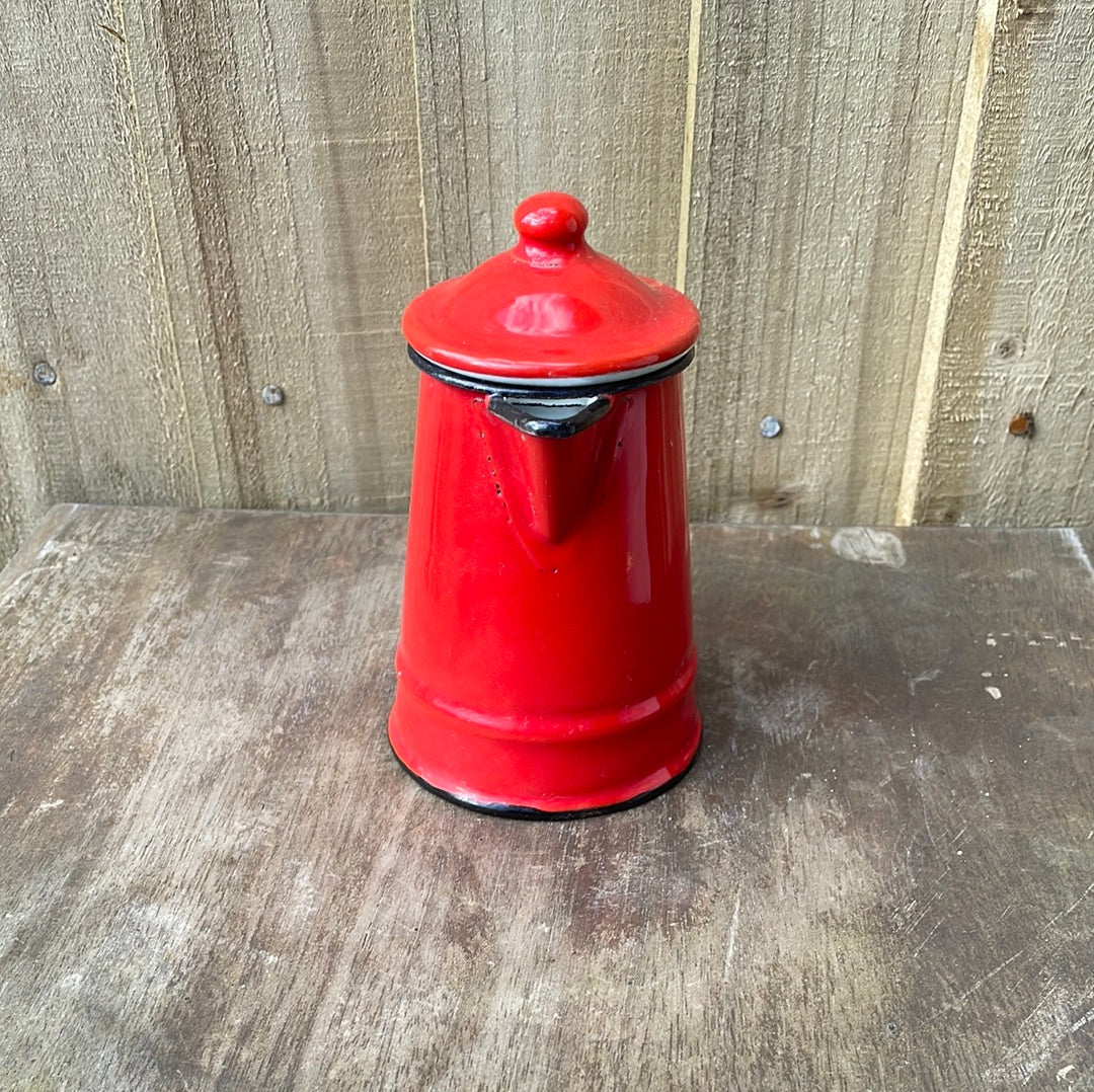 Mini enamel coffee pot with lid Red and white.