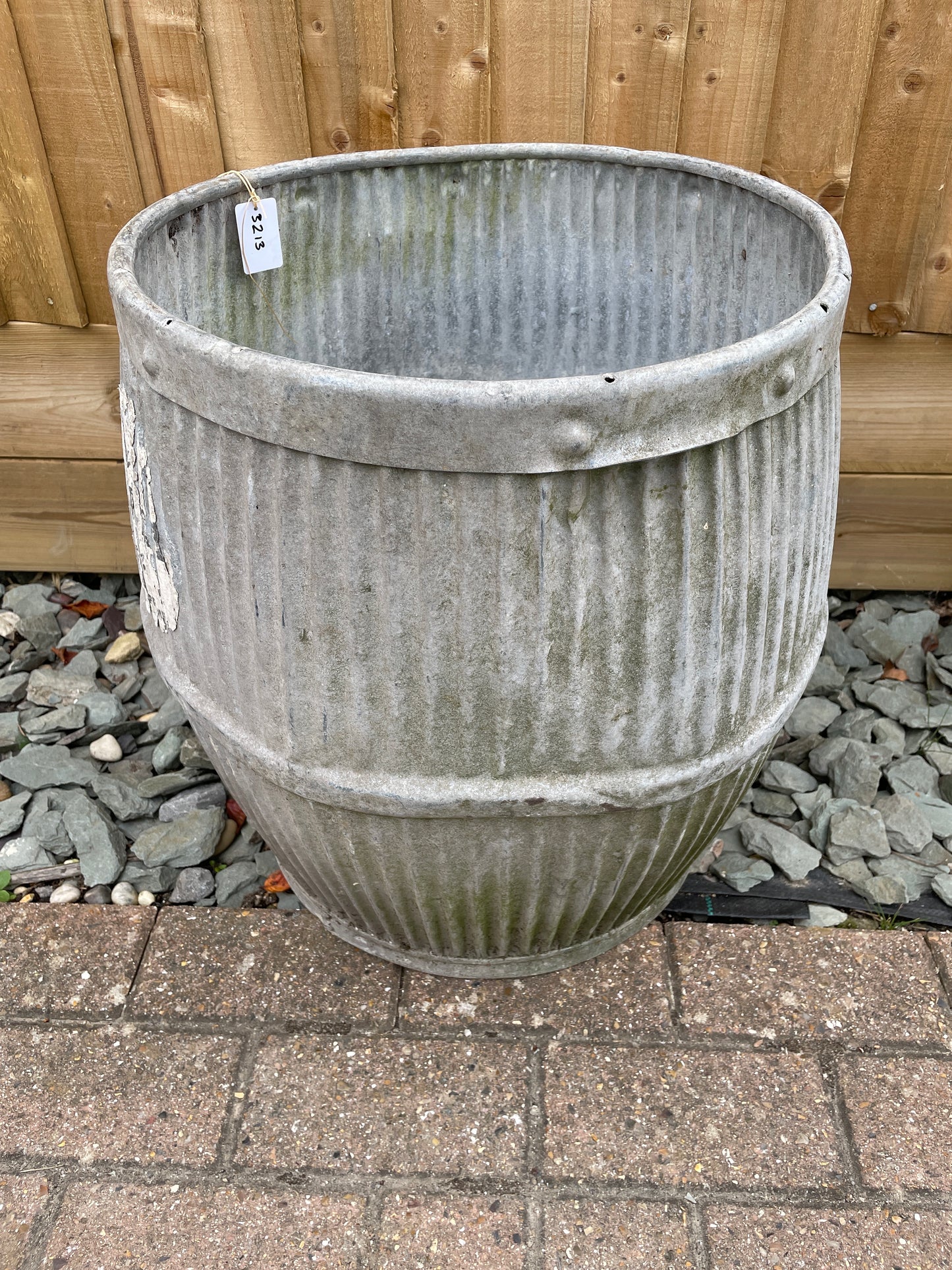 Dolly tub original vintage English design barrel shaped galvanised planter.