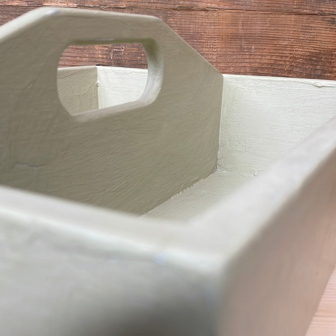 Handcrafted wooden painted tote tool tray, sage green, 40cm.