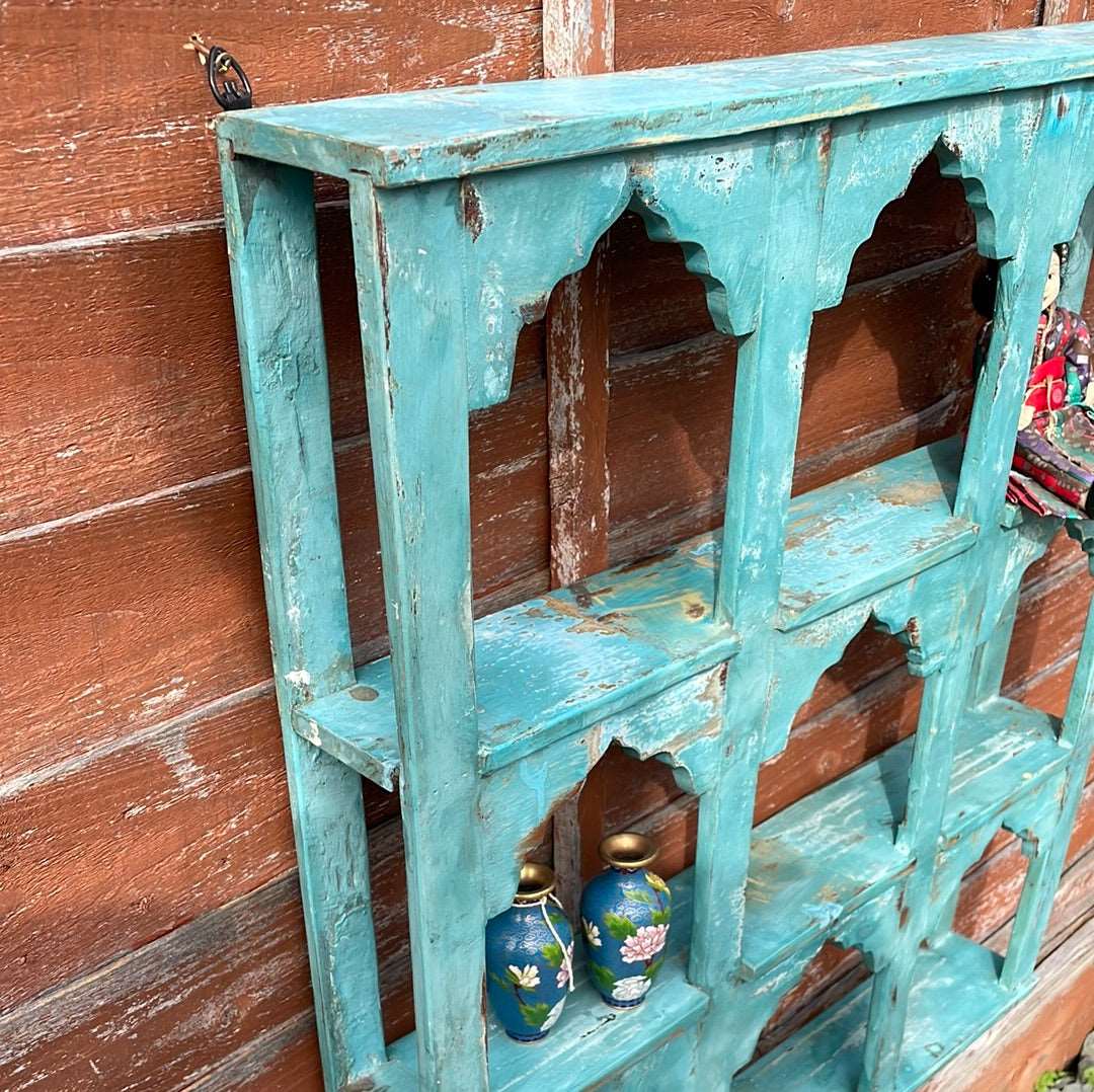 Indian arched temple shelf 9 compartments distressed blue finish.