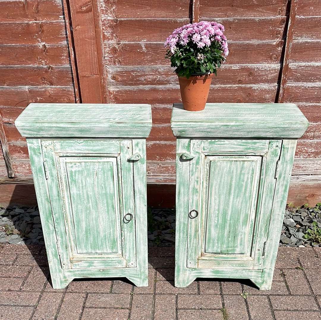 Pair of Indian bedside cupboard tables cabinets, Green and White distressed finish.