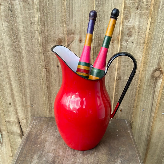 Enamelled pitcher jug Red and White.