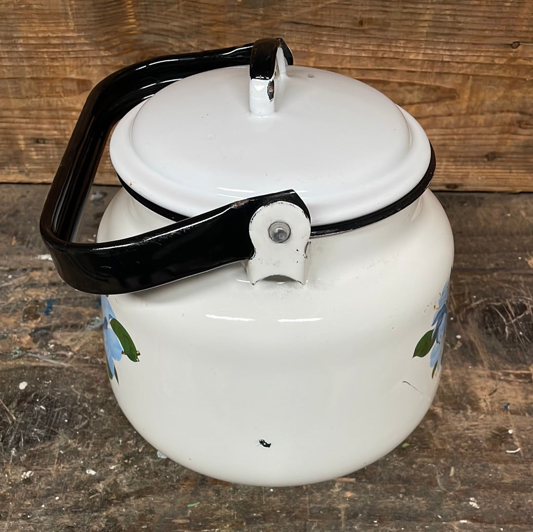 Vintage enamel kettle white with floral decor 3 litre.