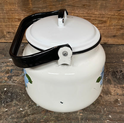 Vintage enamel kettle white with floral decor 3 litre.