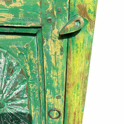 Pair of Indian bedside cupboard tables cabinets, Green distressed finish.