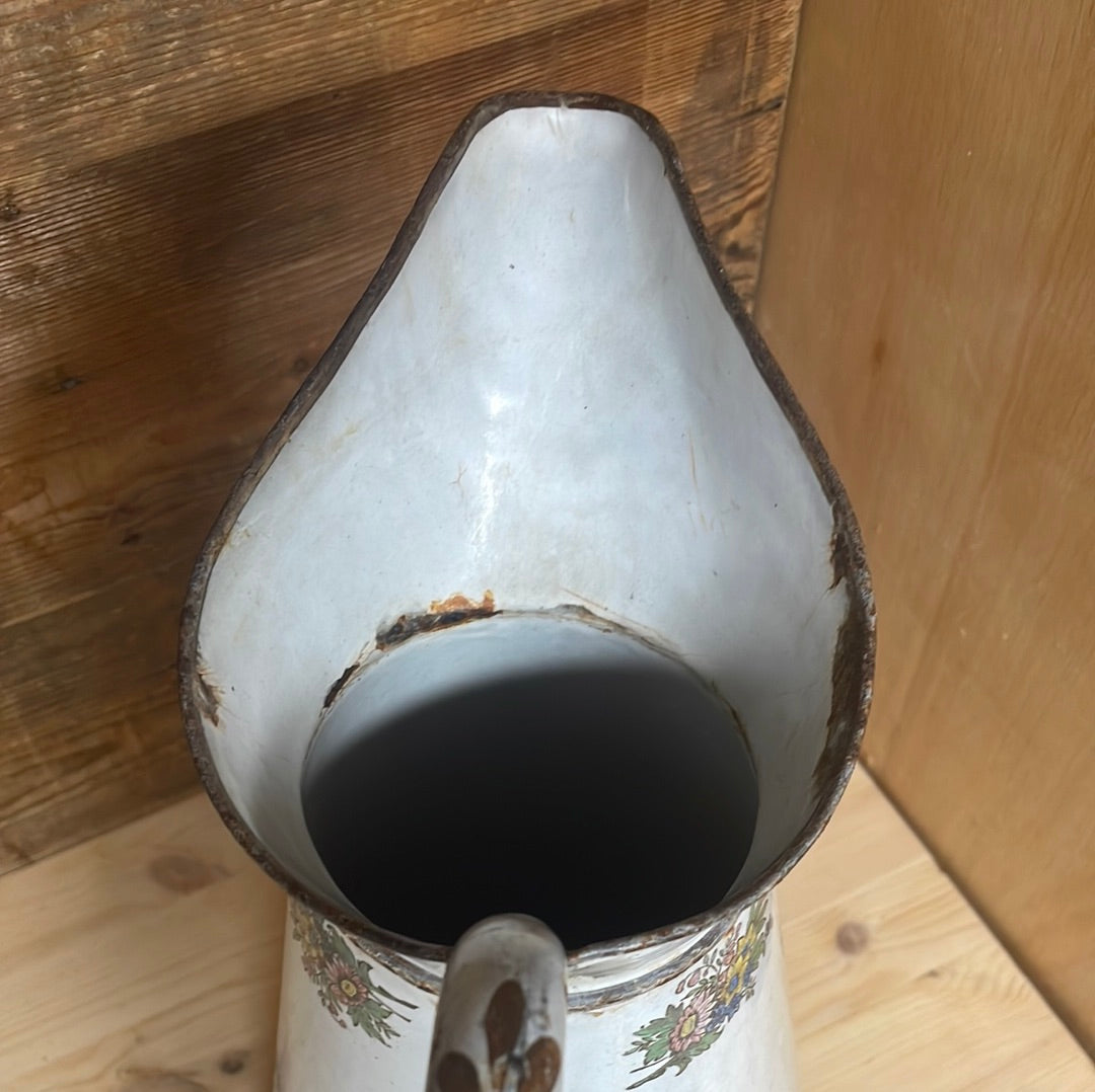 French large enamelled pitcher jug with floral décor