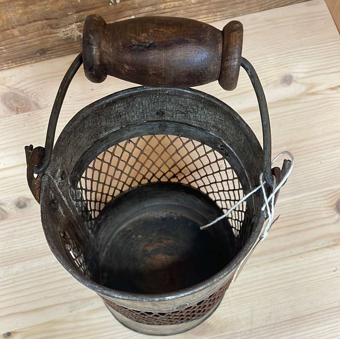 Indian vintage rustic metal jali bucket 17cm