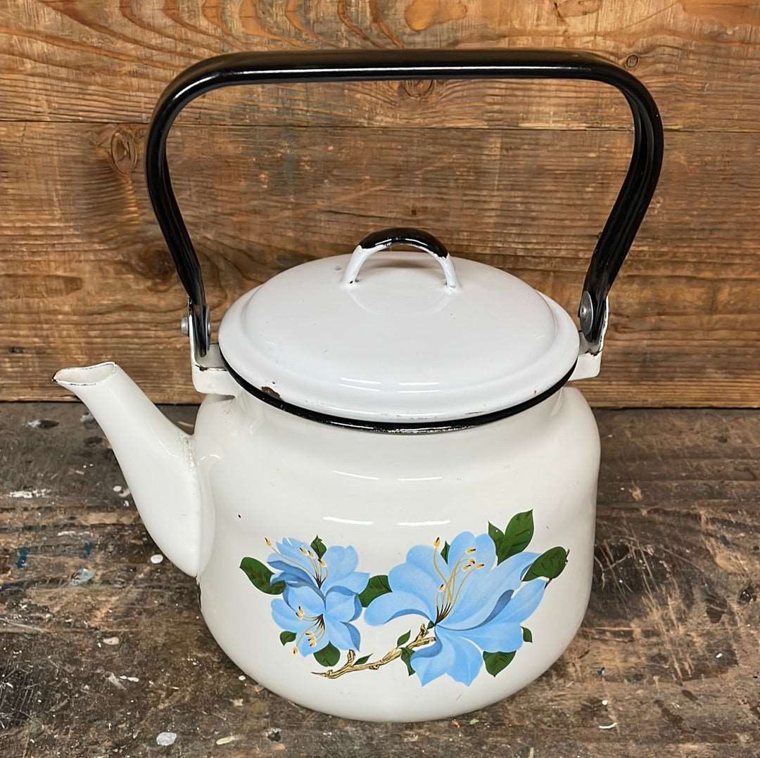 Vintage enamel kettle white with floral decor 3 litre.