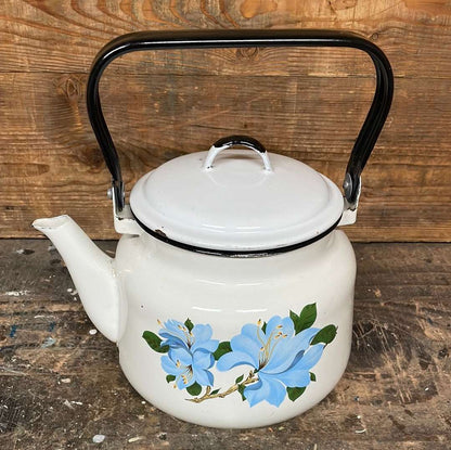Vintage enamel kettle white with floral decor 3 litre.