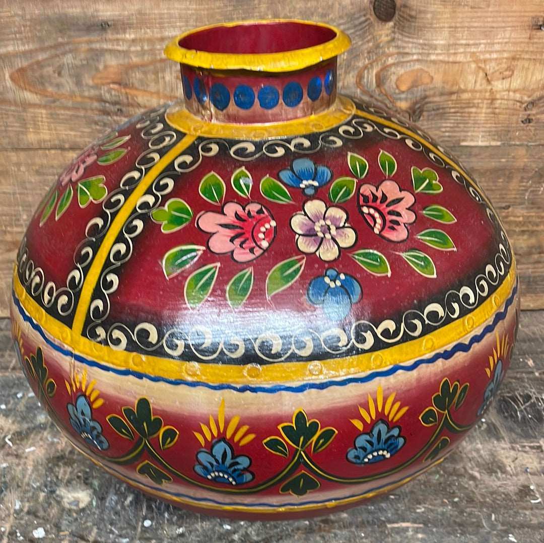 Indian hand crafted and painted decorative traditional metal water pot.