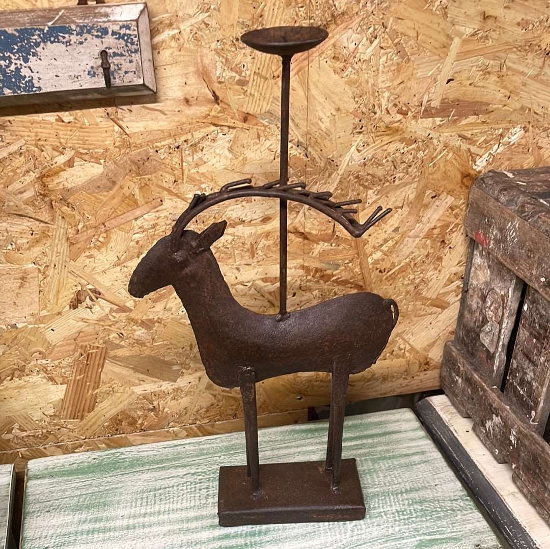 Indian rustic vintage reclaimed metal deer elk sculpture candle stand ornament.